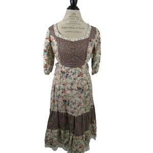 Vintage 70s Boho Hippie Floral Printed Lace Tiered Maxi Dress Freeport Fashions